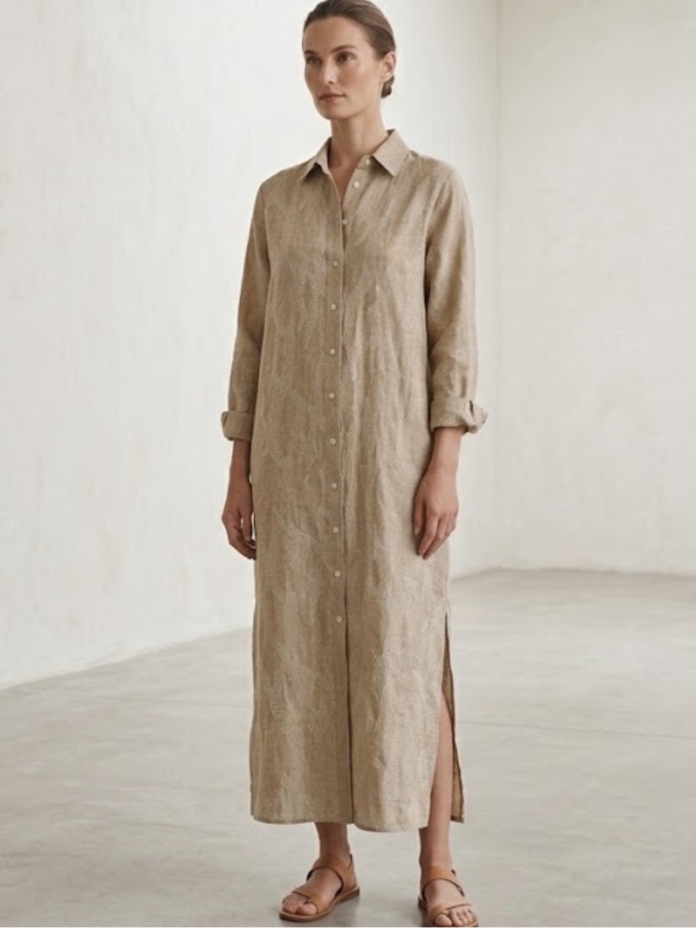 120% Lino Linen Oversized Embroidered Midi Shirt Dress Size 8